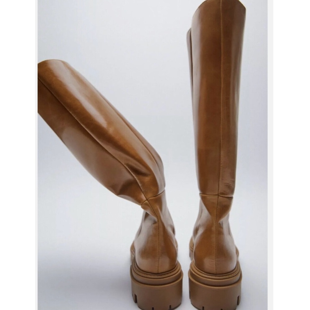 ZARA Flat Knee Brown Tall Leather Boots - Picture 5 of 16